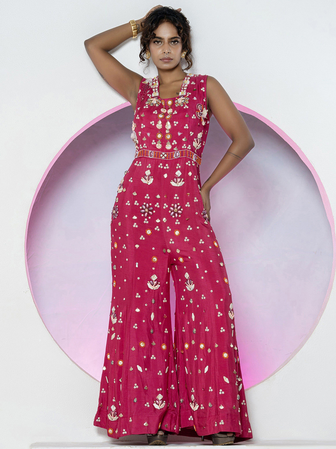 GloballyRonakRBafna Embroidered Beads & Stones Silk Playsuit Jumpsuit