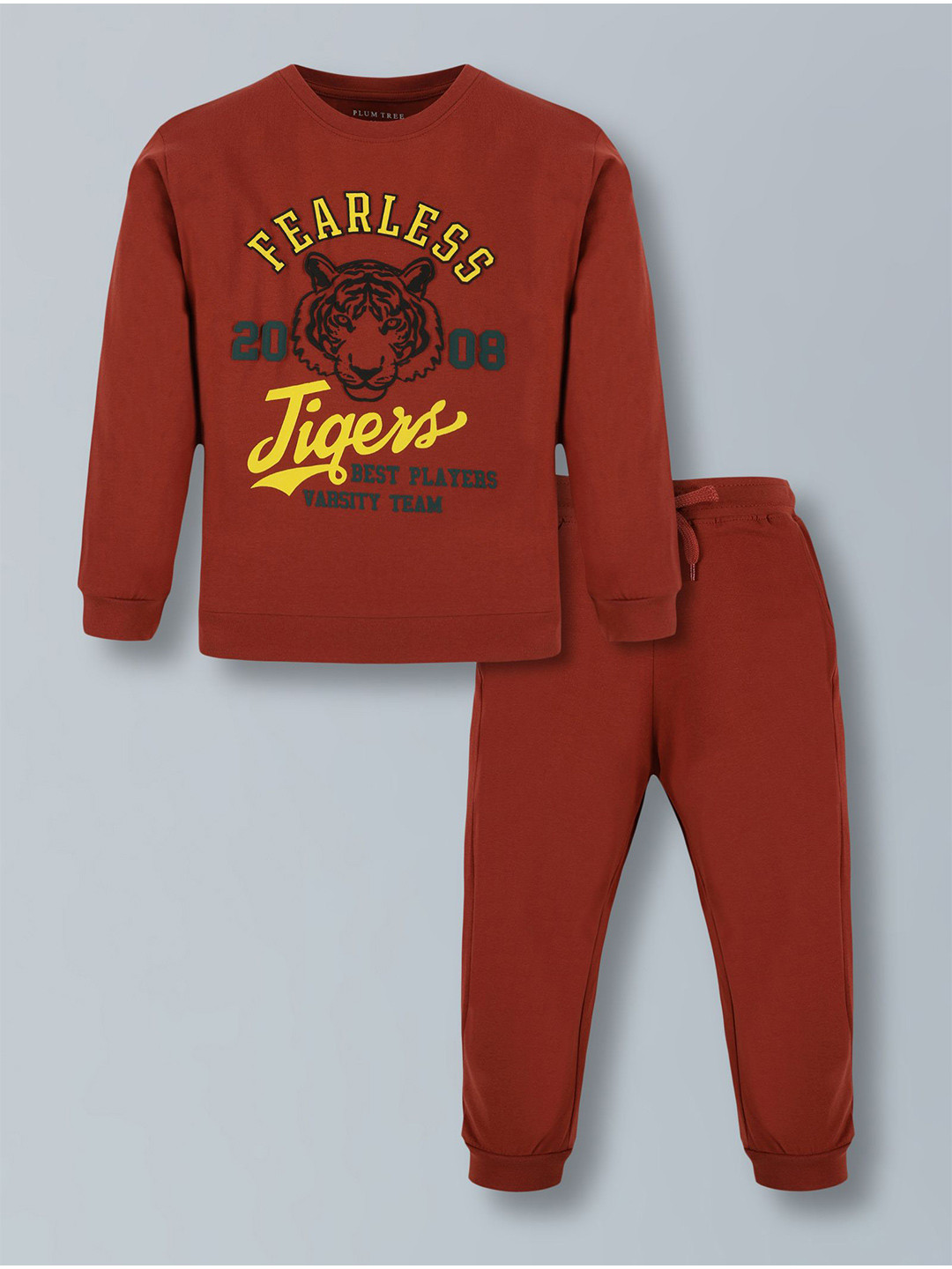 PLUM TREE Boys Fearless Tigers Printed Round Neck Pure Cotton T-shirt & Joggers