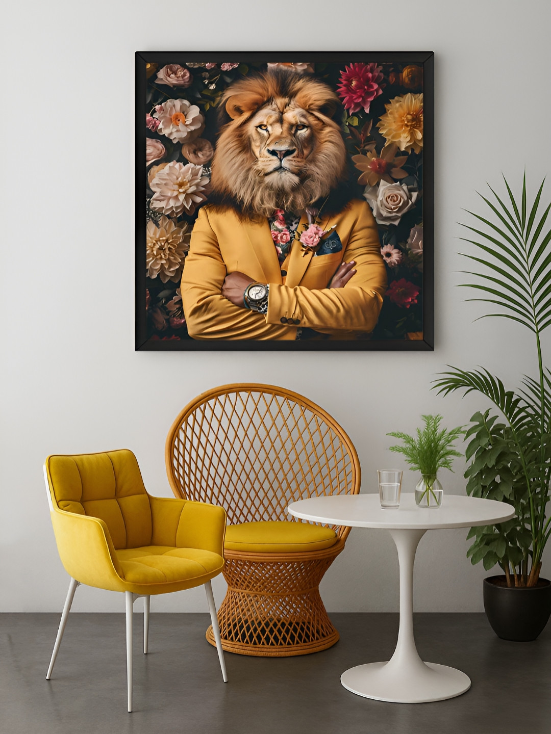 999Store Brown & Yellow Floral With Lion Canvas Wall Art