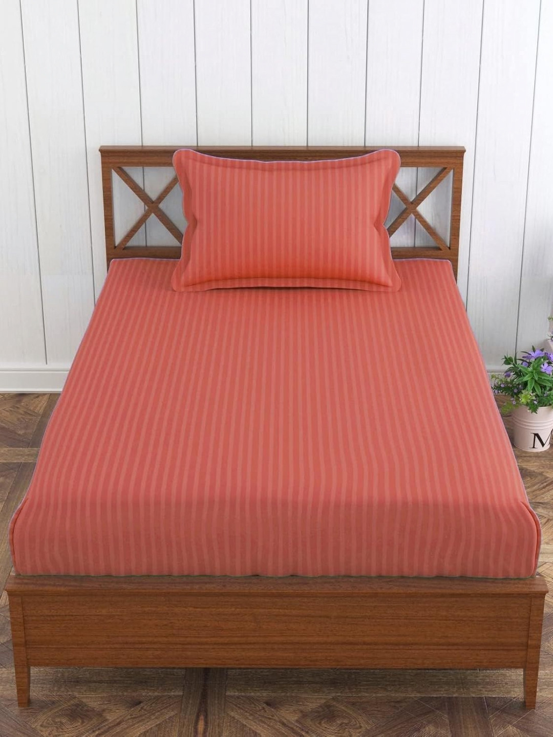 Trance Home Linen Rust Striped 200 TC Cotton Single Fitted Bedsheet Set 1.98 m x 0.91 m