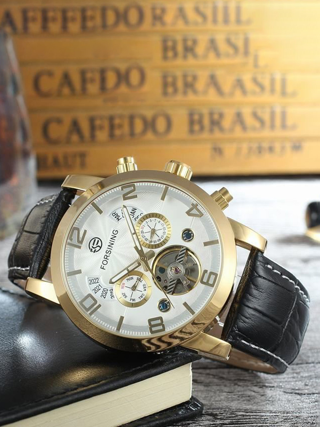 FORSINING Men Luxury Automatic Tourbillon Watch with Calendar & Leather Strap