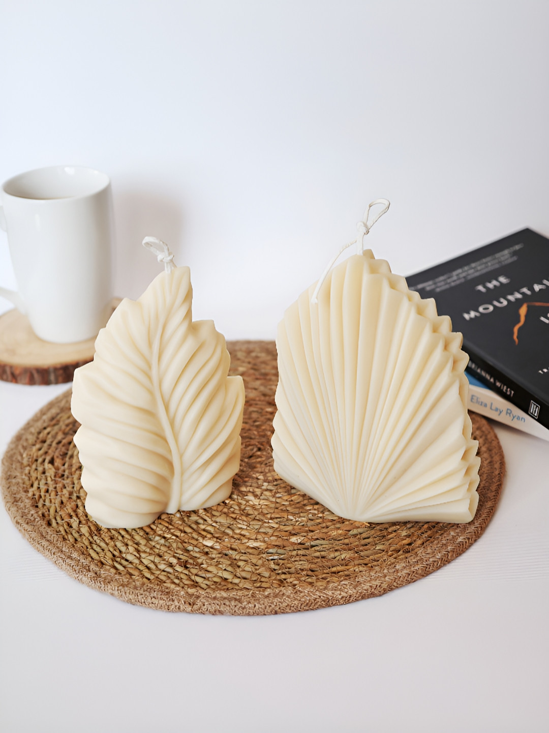 ENCEBIENCE Off White Seaweed Palm Leaf & Palm Leaf/Fan Candles Combo - French Lavender