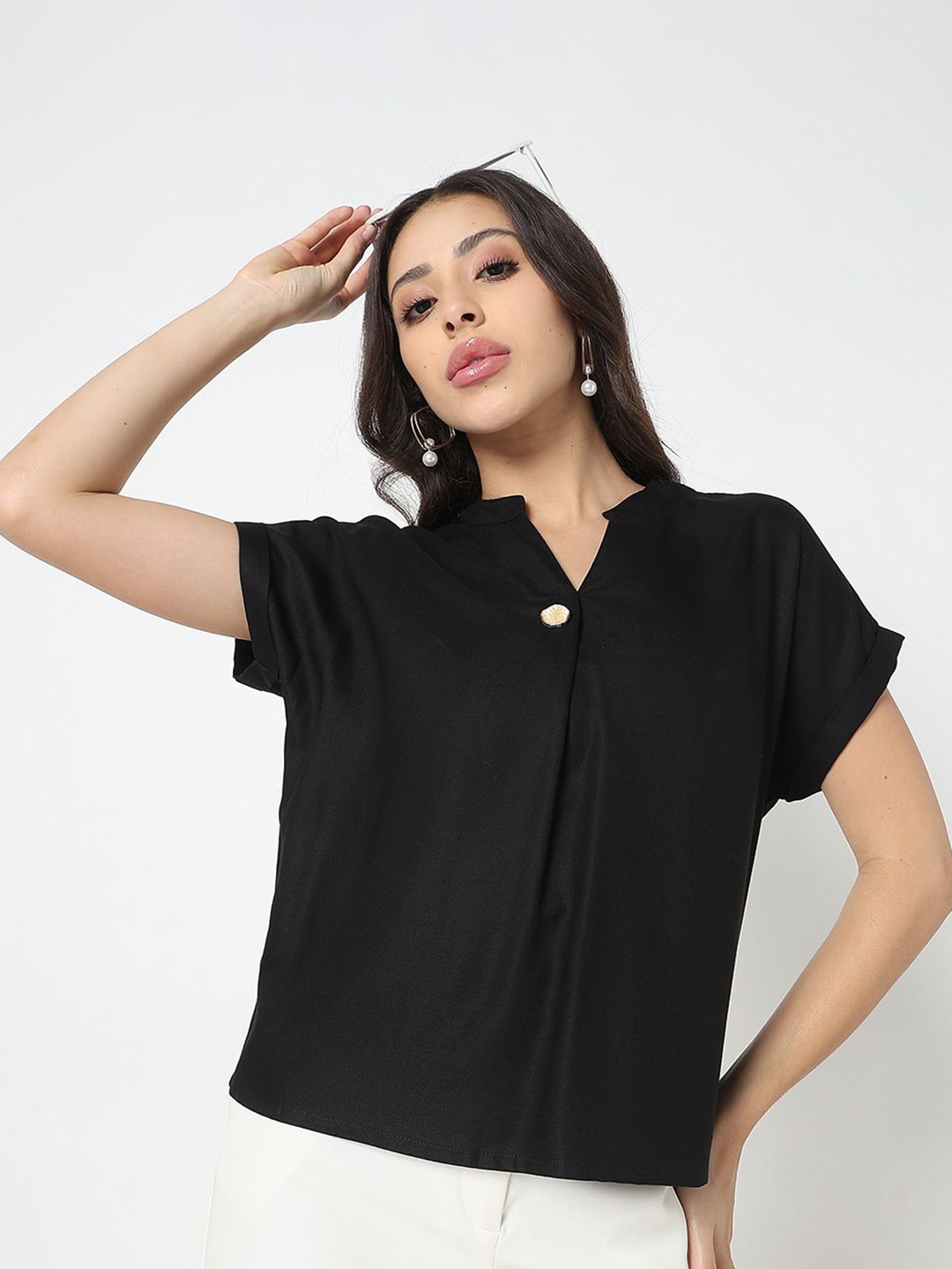 R&B Women Mandarin Collar Extended Sleeves Regular Top