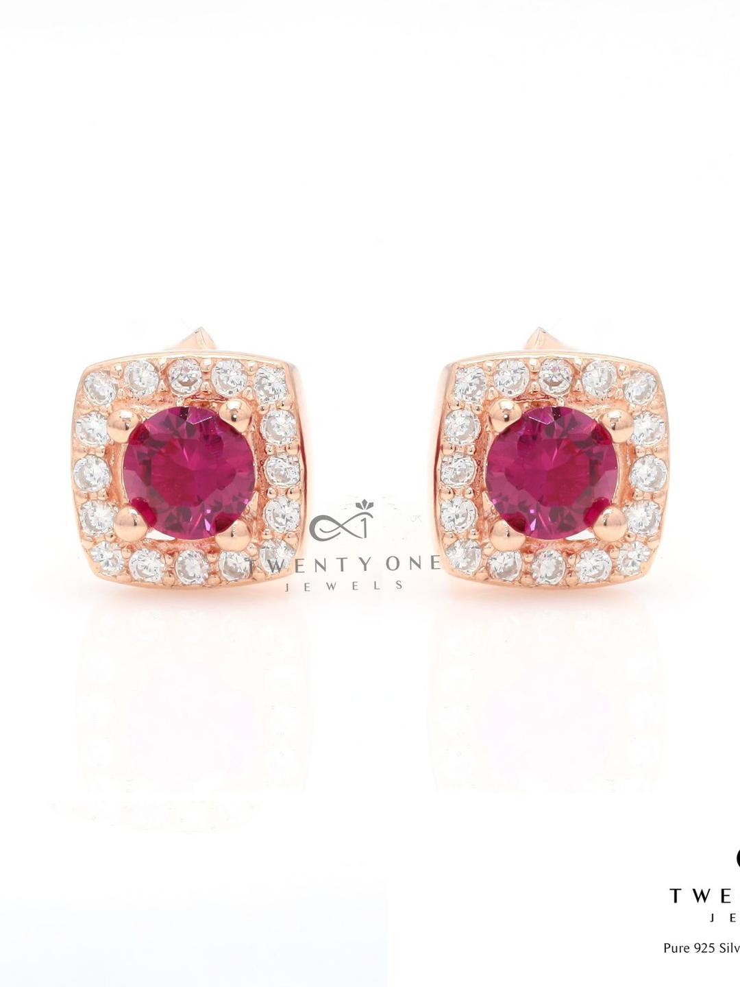 Rose Gold American Diamond Studded Ruby Solitaire Milani Stud on Pure 925 Silver.