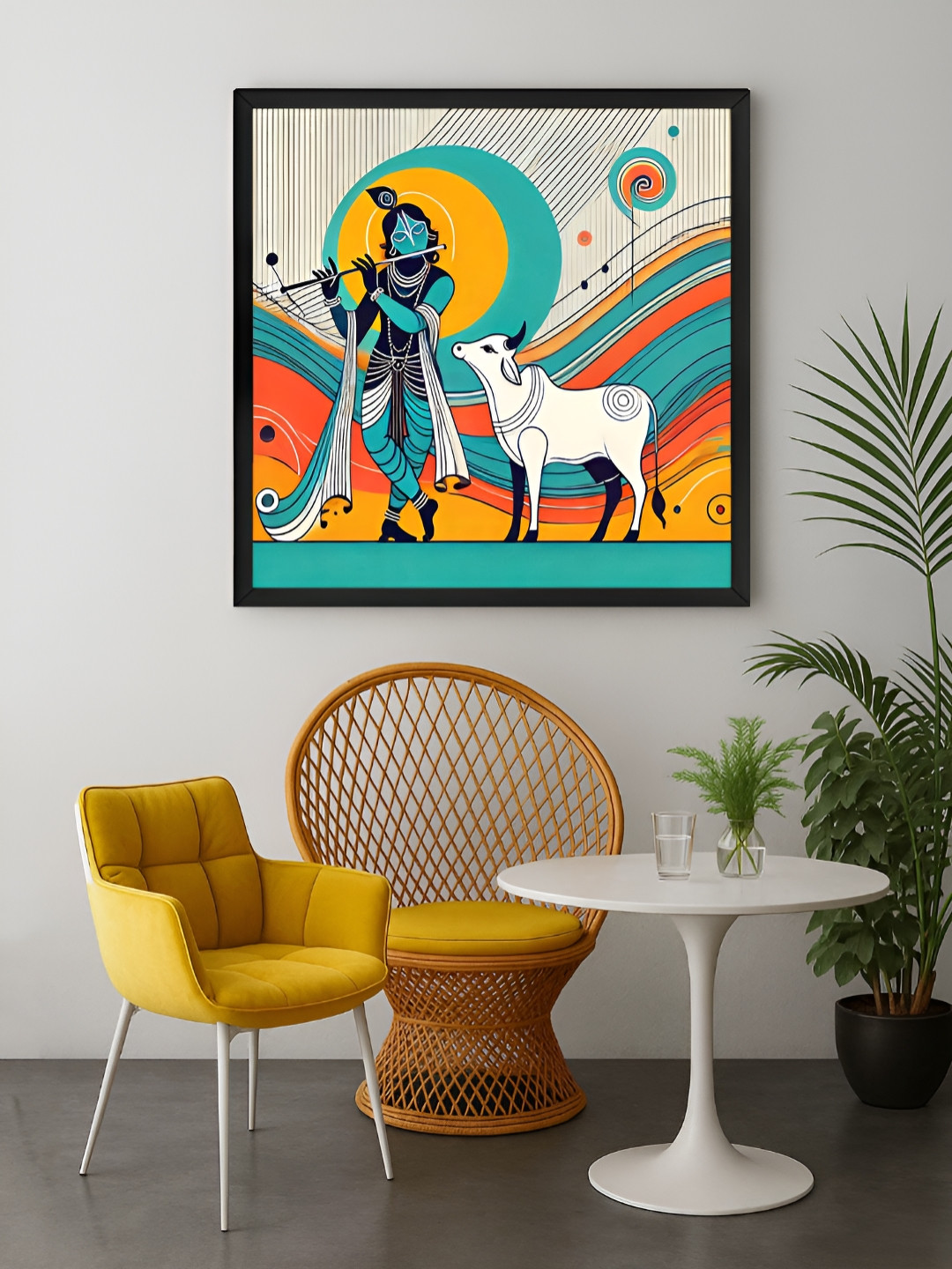 999Store Blue & Yellow Modern Depiction of Krishna and His Sacred Cow Canvas Wall Art