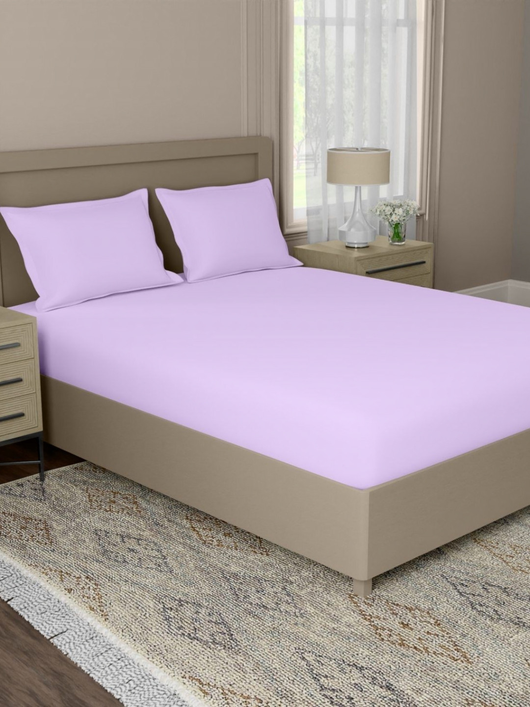 home expressions Splash Lavender Solid Cotton Double Queen Bedsheet Set 2.24 m X 2.54 m