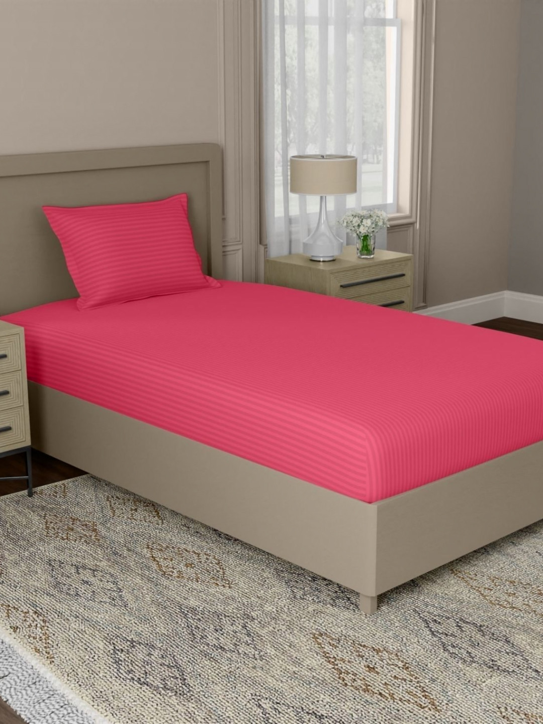 home expressions Palette Pink Striped Satin 210TC Single Bedsheet Set 1.5m X 2.29m