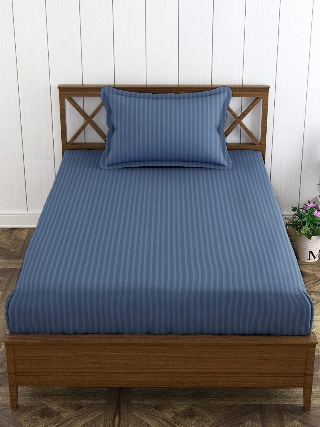Trance Home Linen Blue Striped Pure Cotton 200 TC Single Bedsheet Set-1.98 m x 91 cm
