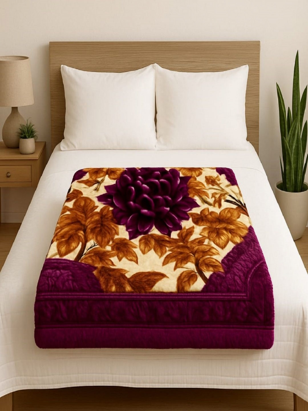 CHICERY Burgundy & Beige Floral Printed Heavy Winter Double Bed Blanket