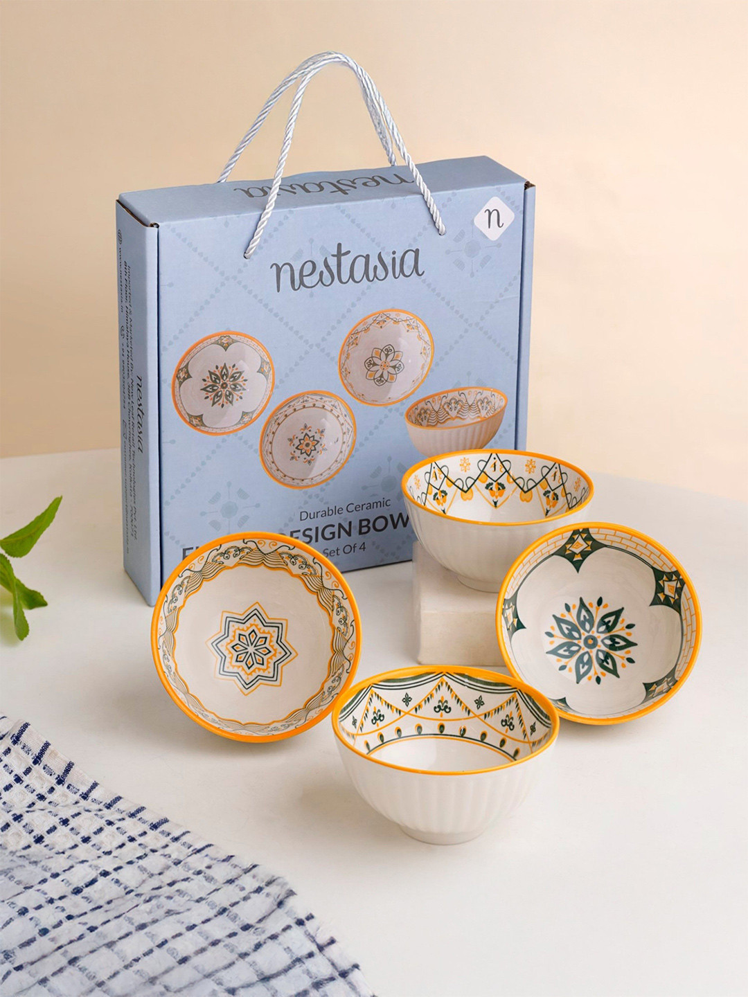 Nestasia White & Yellow 4 Pieces Printed Ceramic Snack Bowls-300ml Each