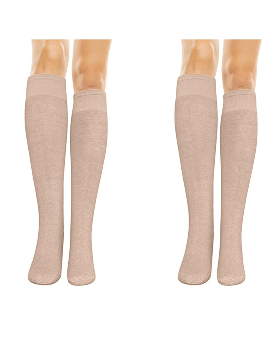MUKHAKSH Girls 2 Pairs Beige Knee Length Socks