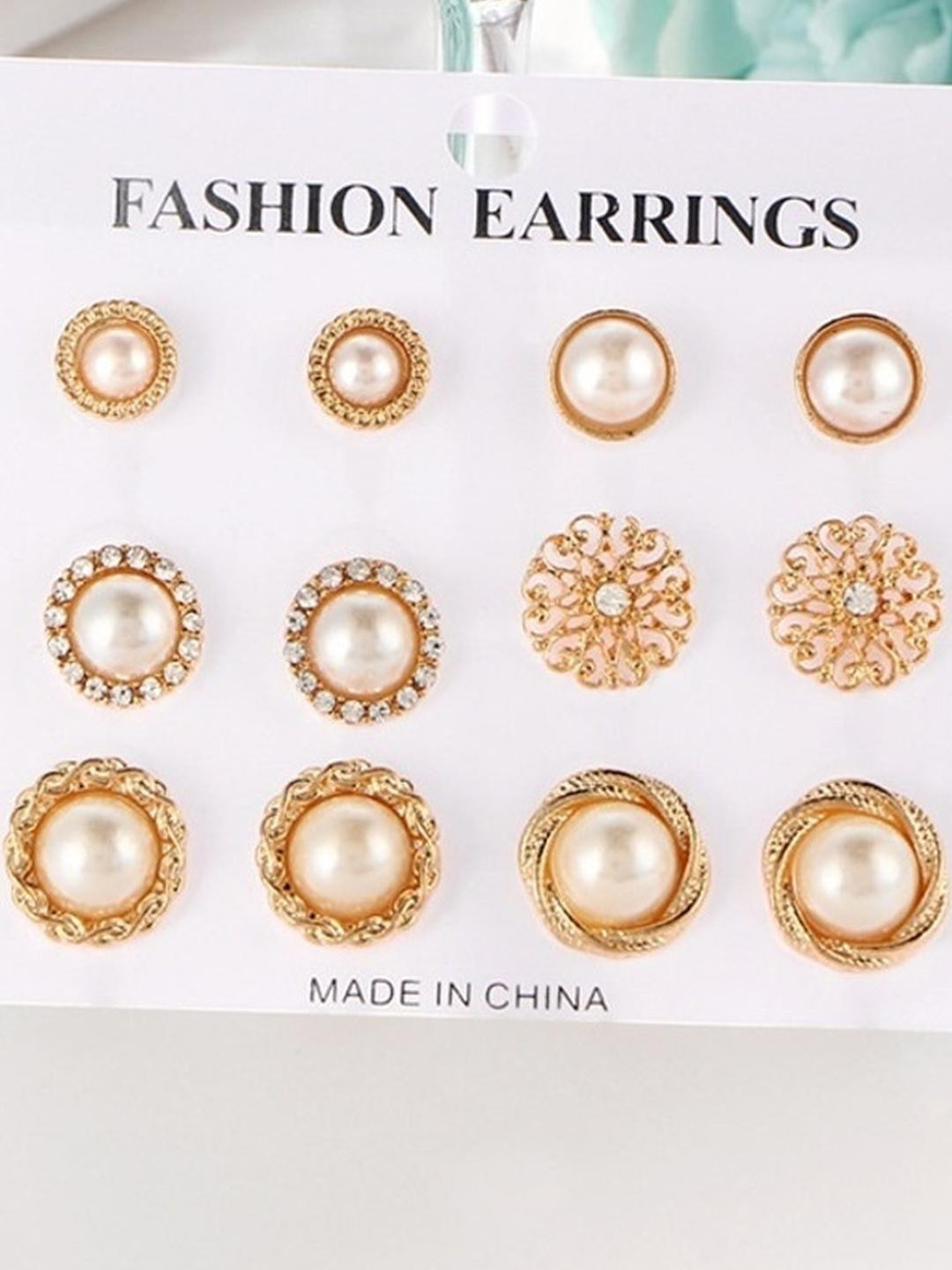 TheVineGirl Combo of 6 Pair Gold Plated Pearl Flower Round Stud Earrings