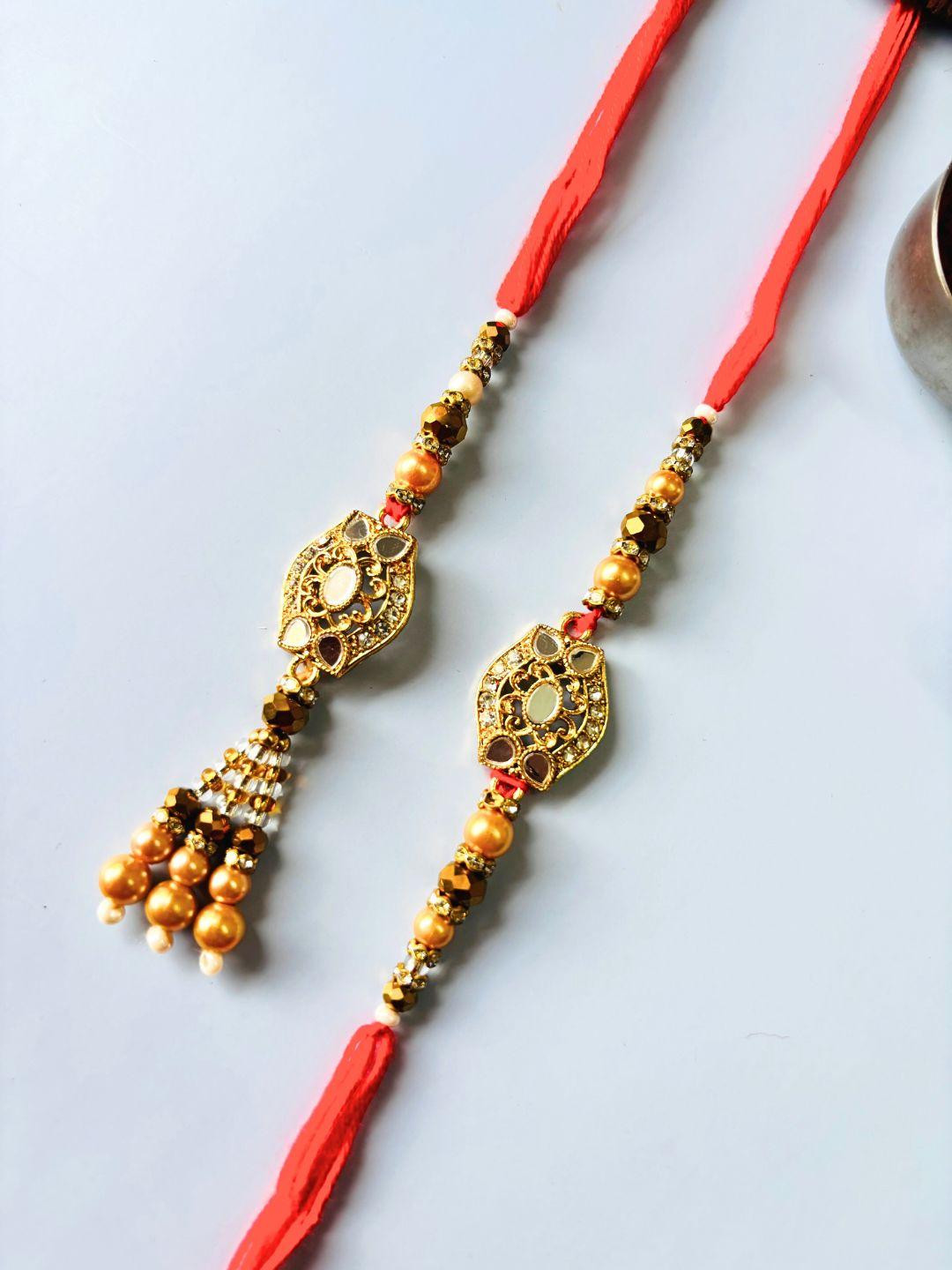 Red and Yellow Mirror Work Lumba Rakhi Set for Bhaiya Bhabhi Traditional Handmade Set of 2 pcs Rakhi and Lumba for Brother and Sister in Law