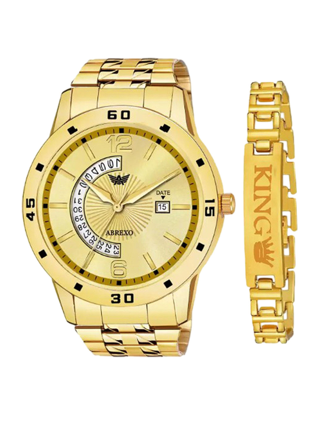 Abrexo Men Bracelet Style Straps Watch Abx1228-Gold plus Gold King Bracelet