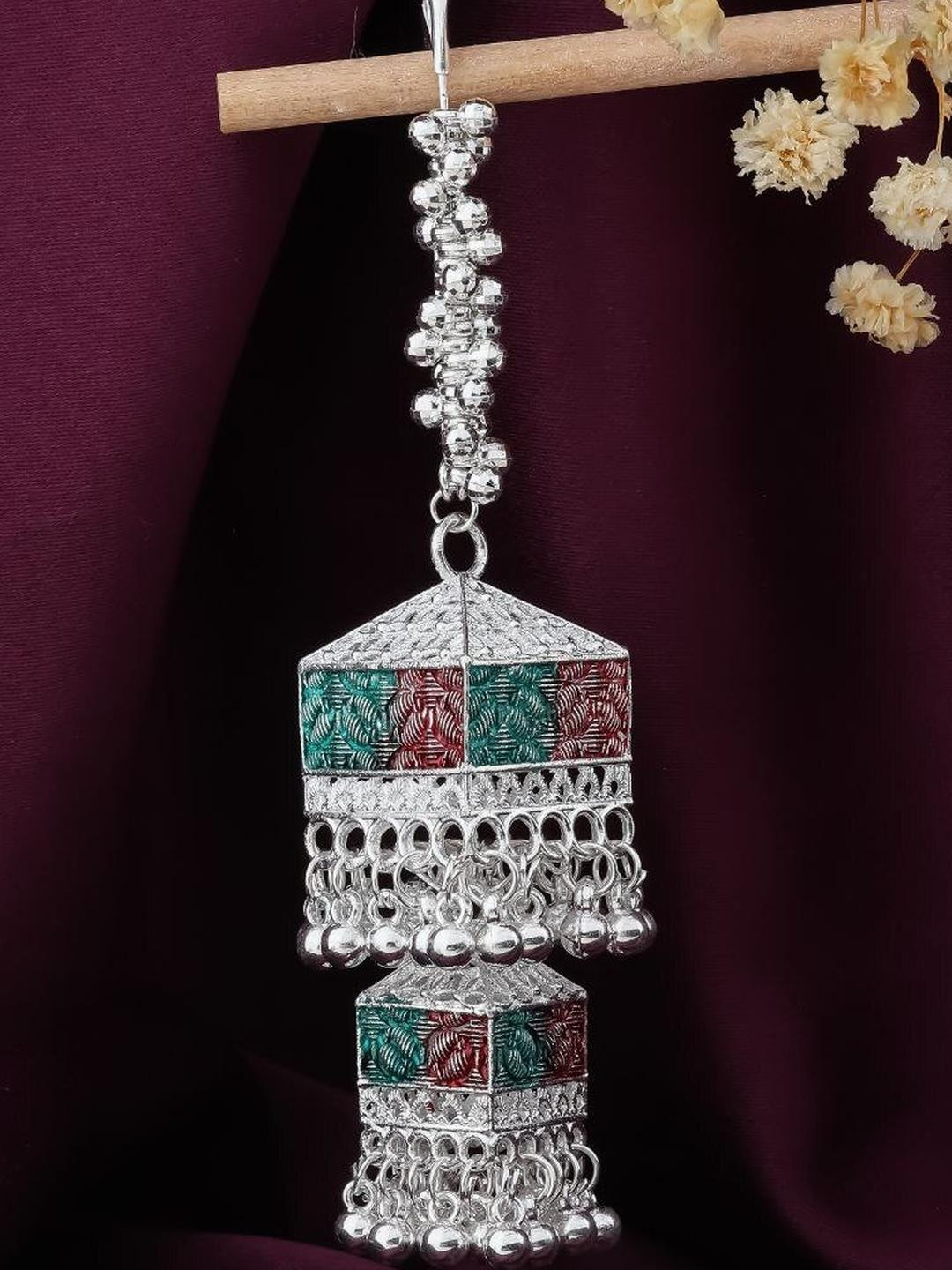 niva fashion Silver Toned Silver Plated Multi Level Square Jhumka Type Brooch