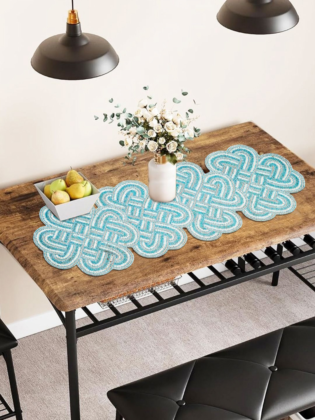 YWULY White & Turquoise Blue Floral Glass Beaded Table Runner