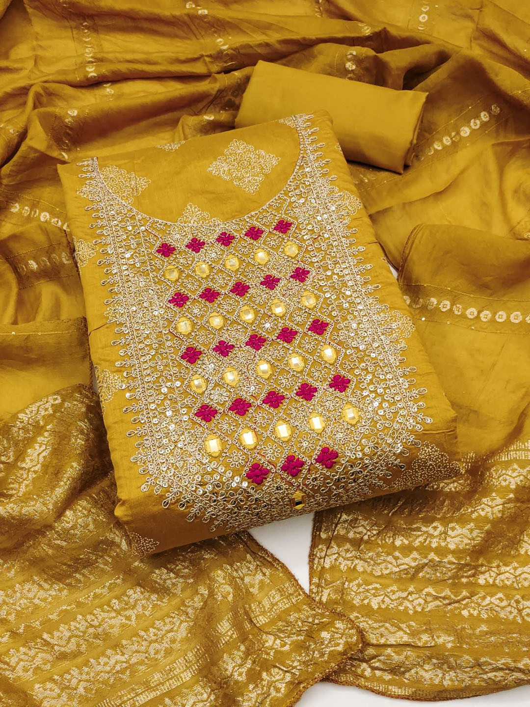 HE VAHLA Flora Woven Design Zari Chanderi Silk Unstitched Dress Material