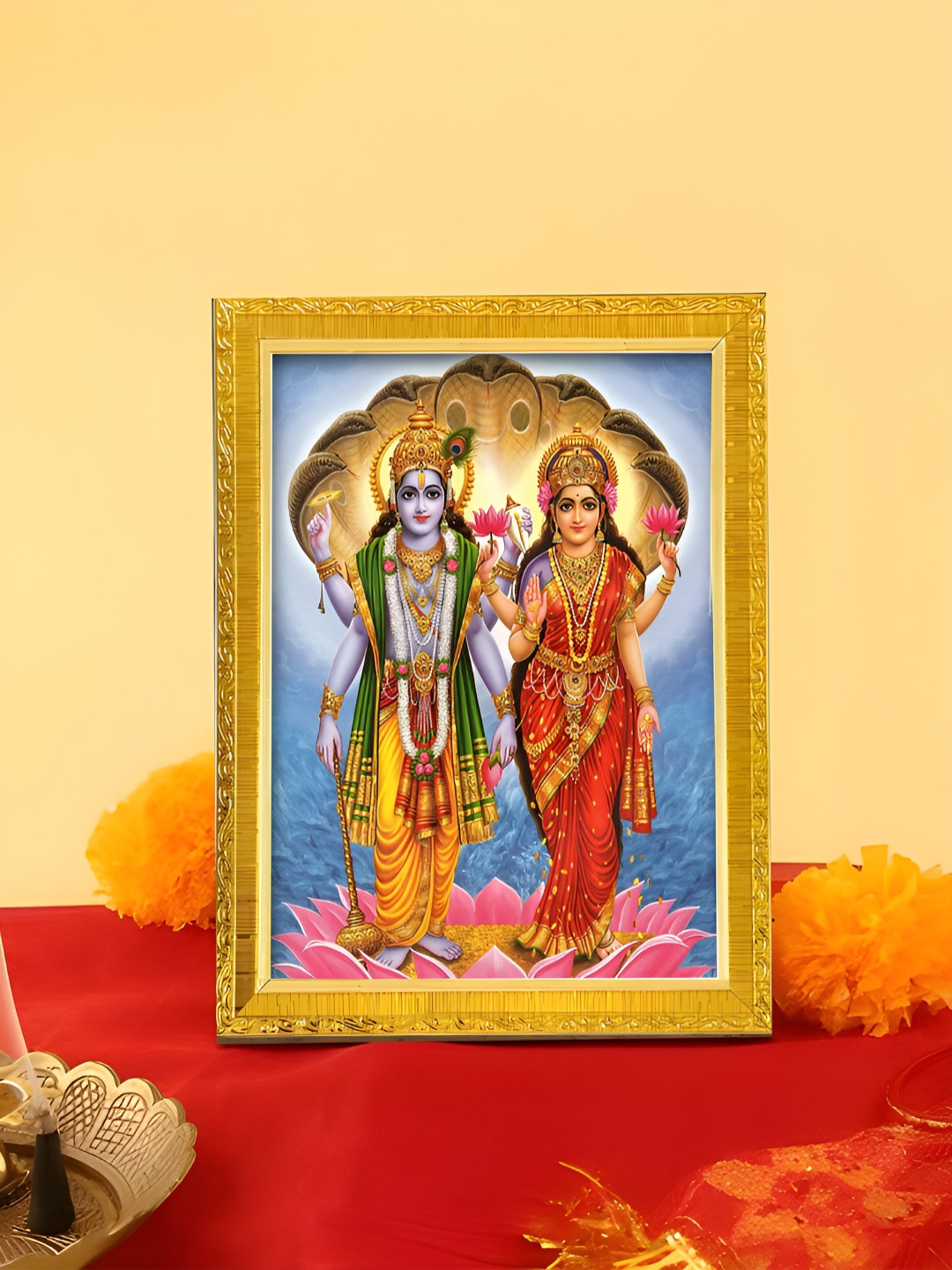 Art Street Gold Toned & Blue Lord Vishnu Lakshmi Printed Photo Frame