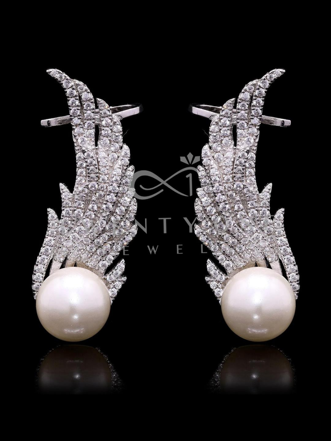 Premium American Diamond Studded Eagle Wing Cuff Earrings with Fresh Water Pearls on Pure 925 Silver
