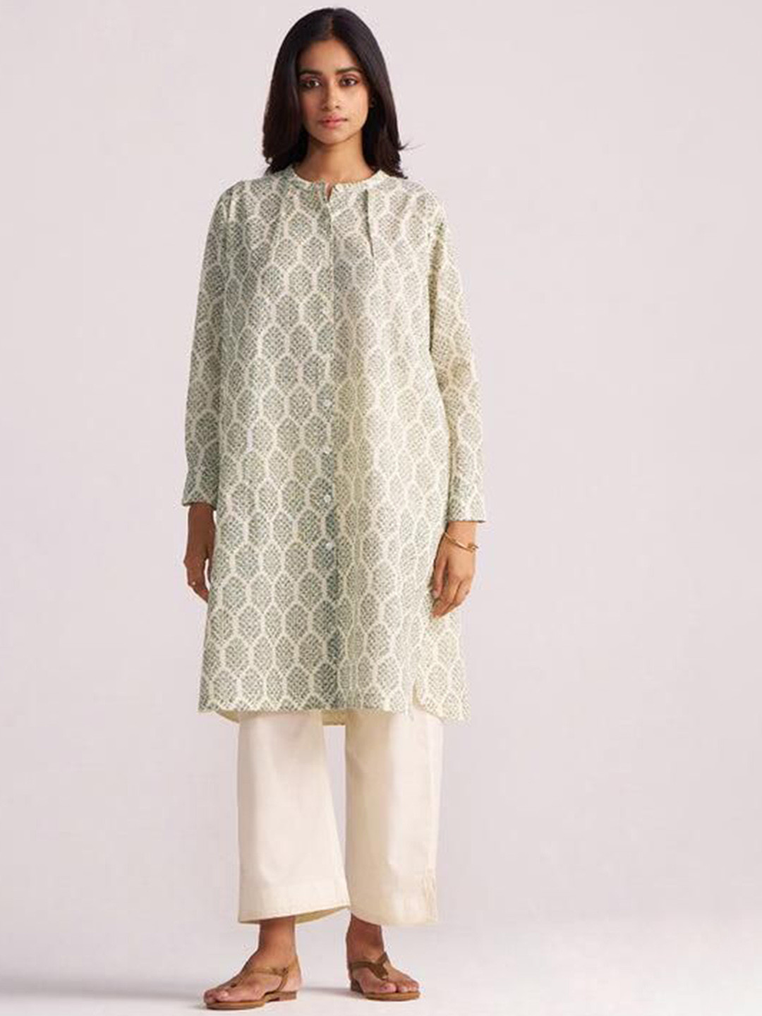 Ganga Mughal Tree Printed Band Collar Cotton Linen Tunic & Palazzo