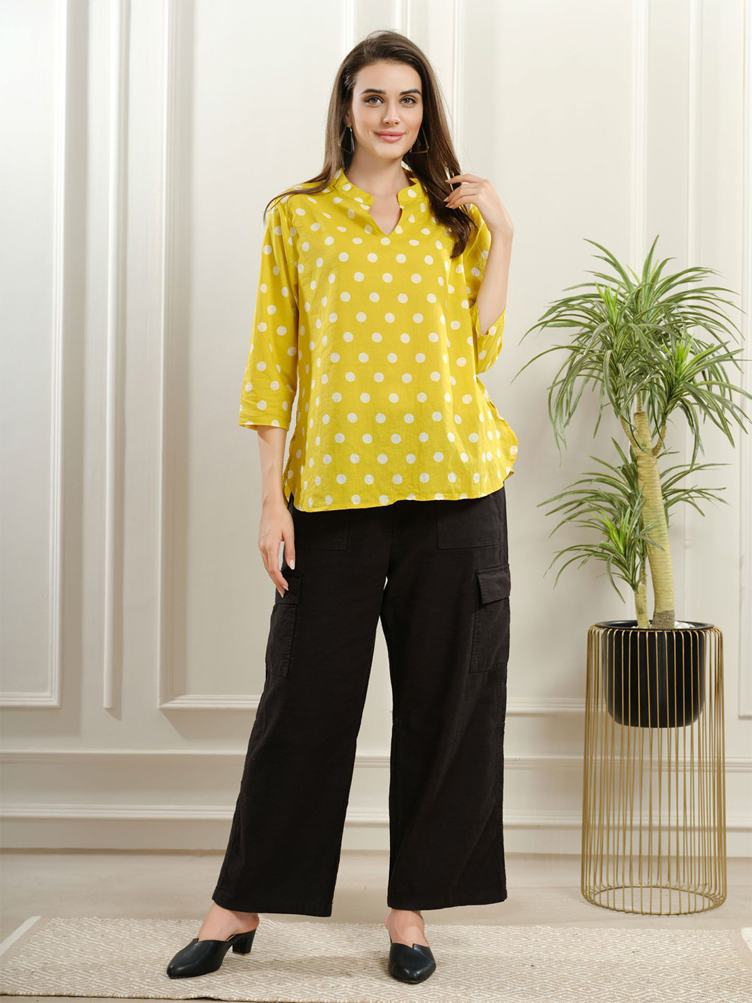 NIGHT FLOSS Women Mandarin Collar Polka Dot Printed Cotton Top