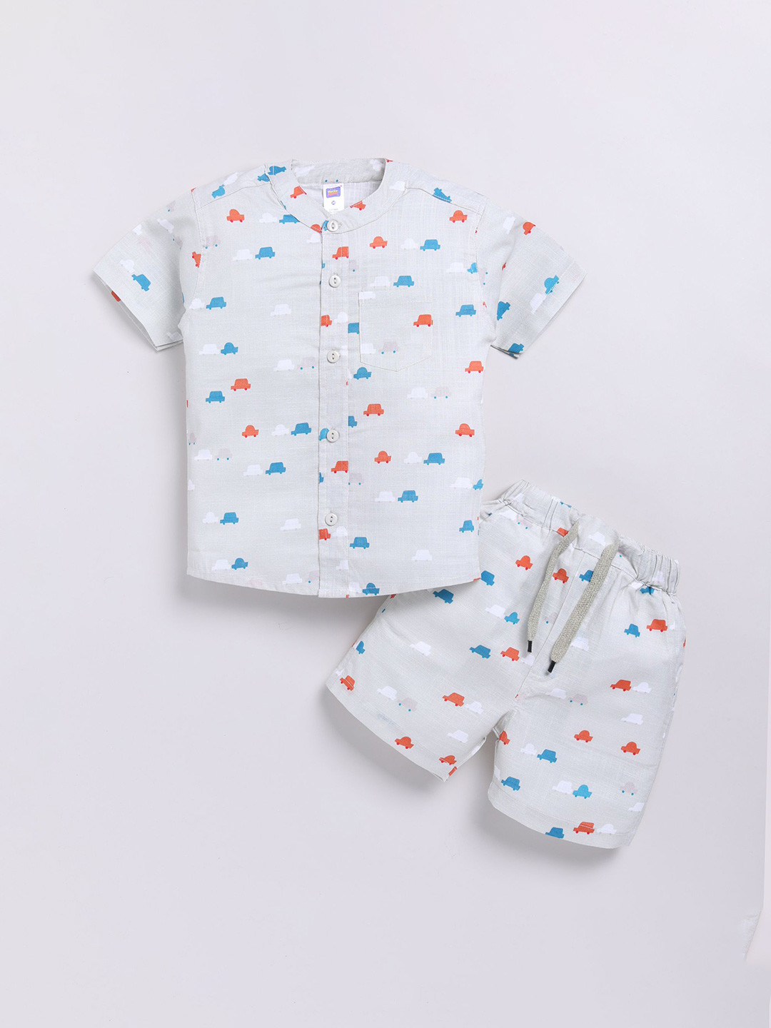 Nottie Planet Boys Conversational Printed Band Collar Pure Cotton Shirt With Shorts