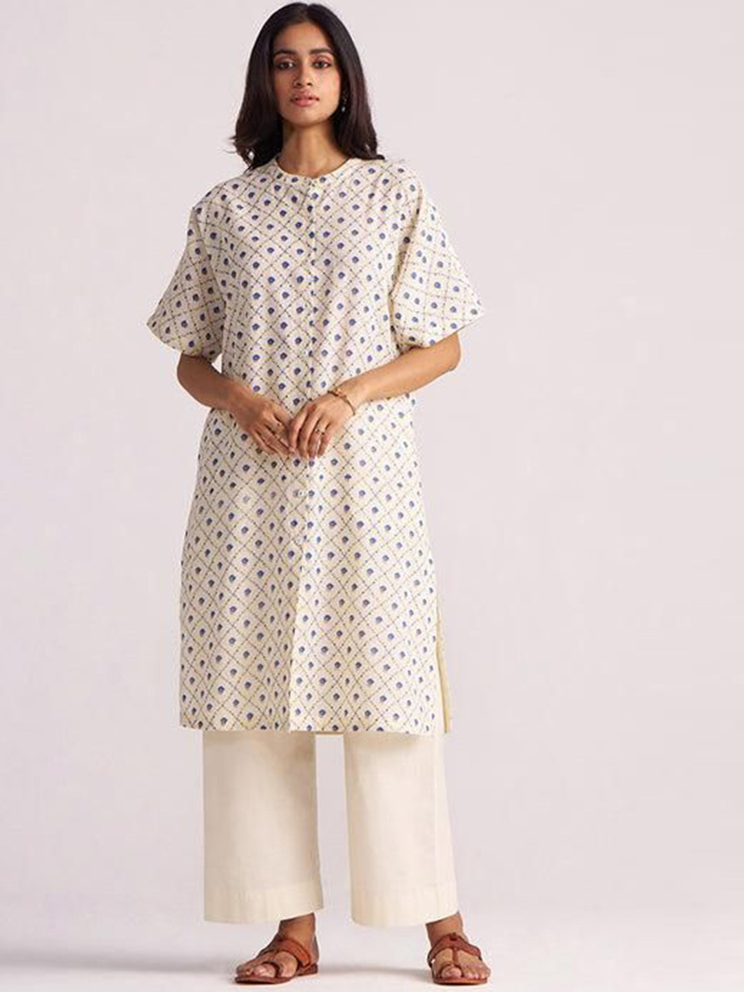 Ganga Floral Printed Band Collar Cotton Linen Tunic With Palazzo