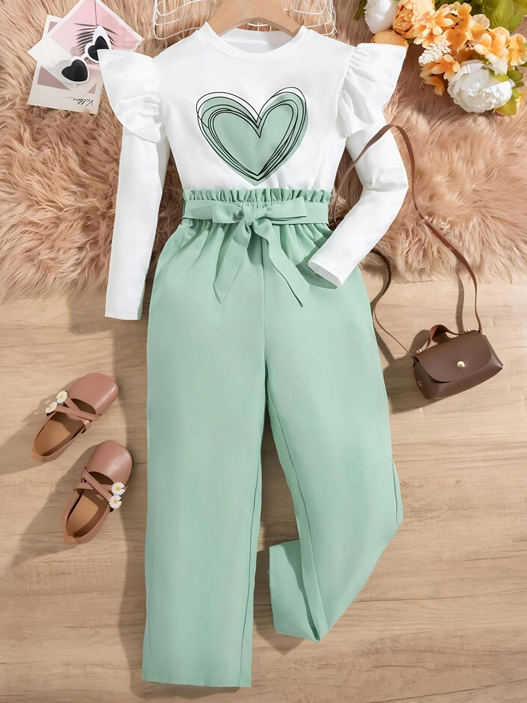 BR WORLD COLLECTION Girls Printed Round Neck Top With Trousers