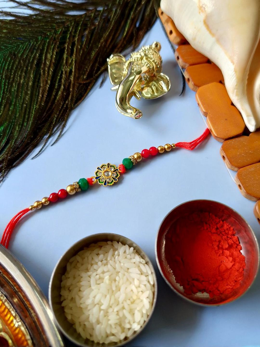 Green Stone Studded & Beaded Thread Rakhi Traditional Handmade Rakhi for Brother