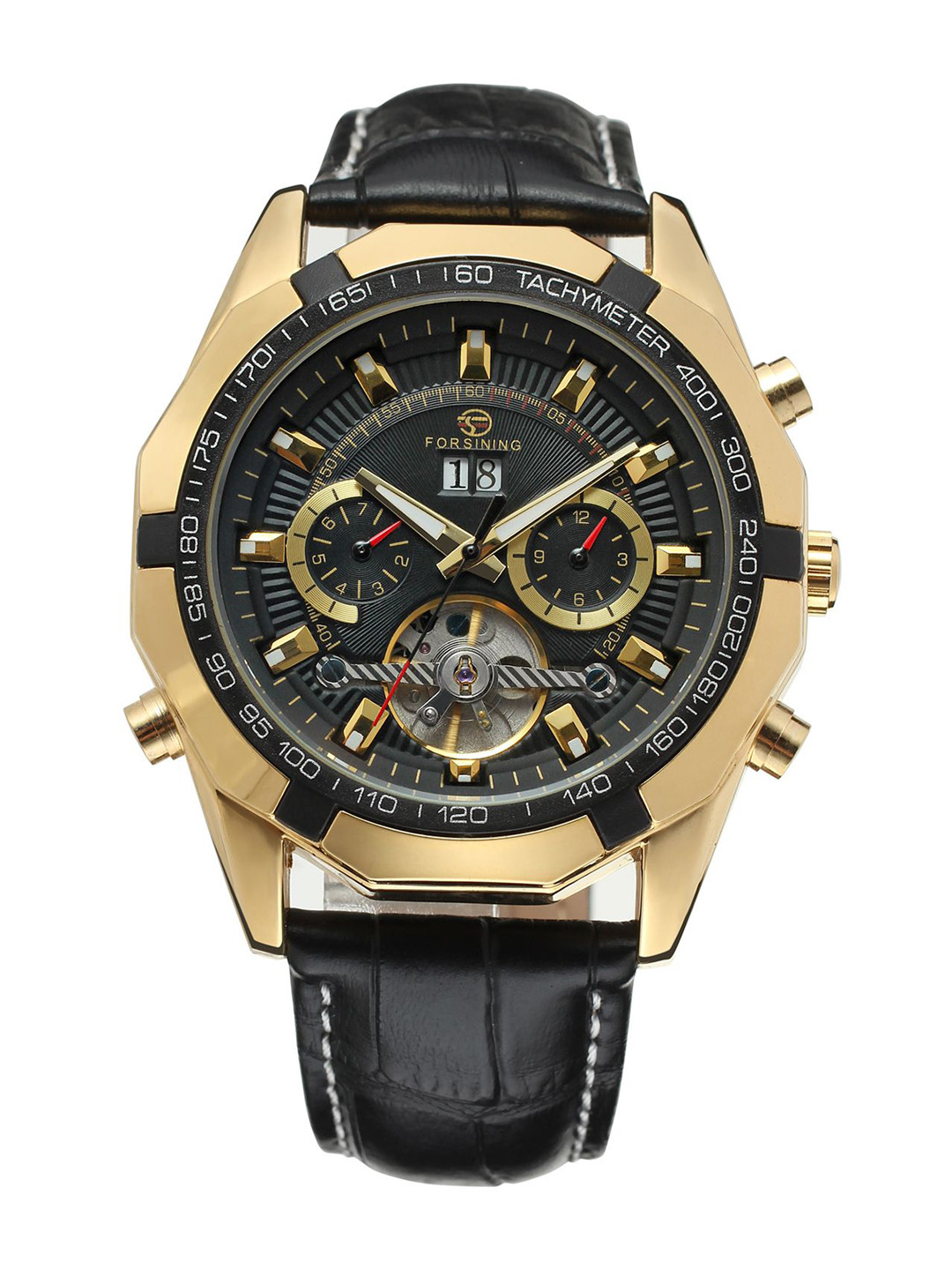 FORSINING Men Automatic Waterproof Watch with Moon Phase & Leather Strap