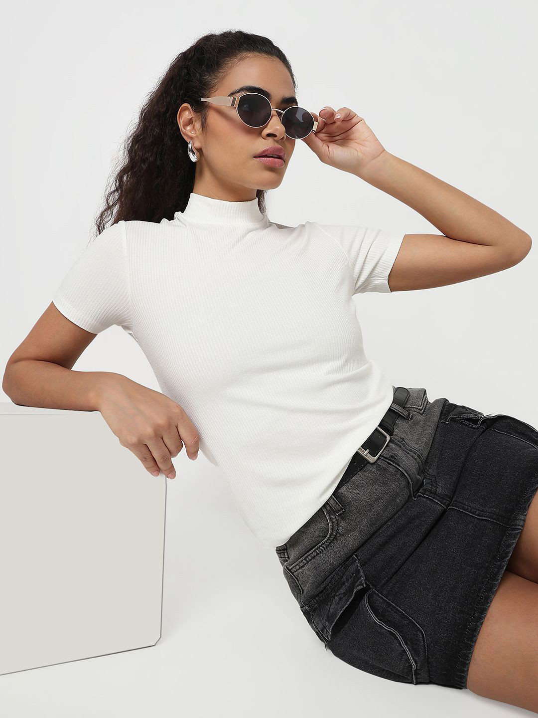 R&B Women High Neck Short Sleeves Ribbed Fitted Top
