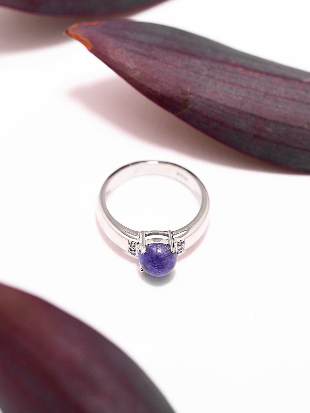 Exotic India 925 Sterling Silver Tanzanite Gemstone-Studded Round Shaped Finger Ring