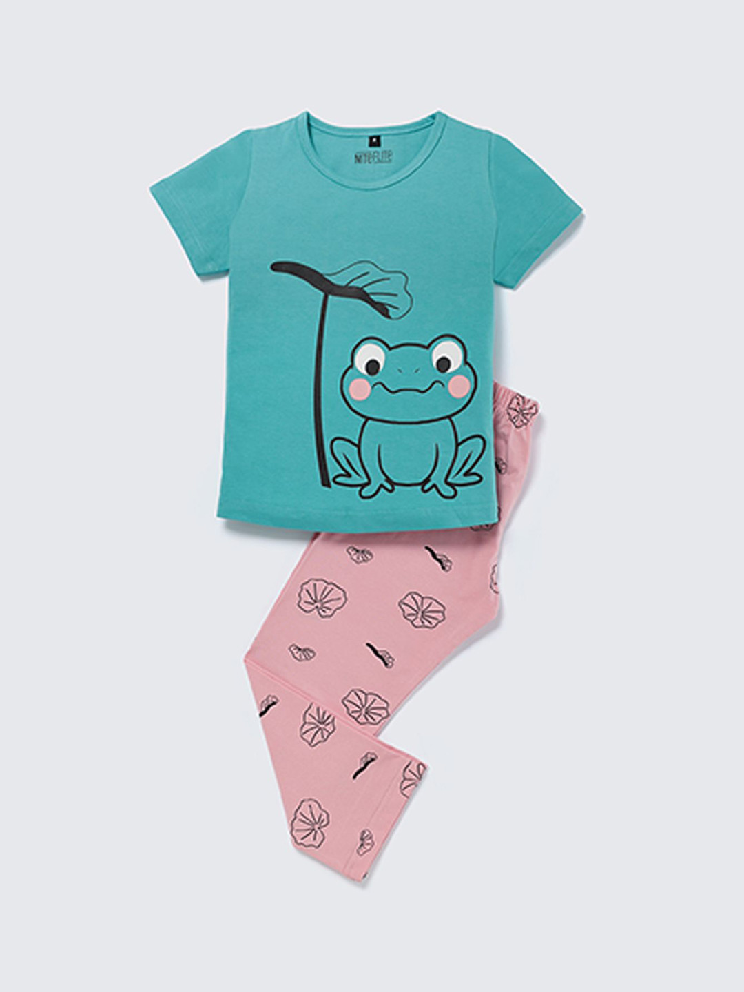 Nite Flite Girls Frog Printed Round Neck Pure Cotton Night Suit