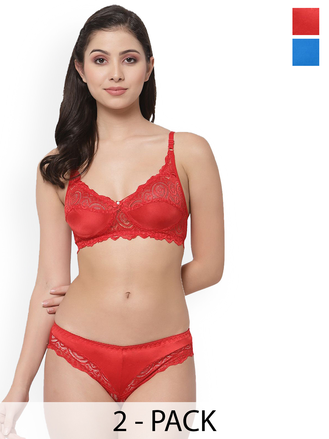 Samvar Pack Of 2 Self-Designed Non Padded Lingerie Set A-Stich-Set_Red,Blue