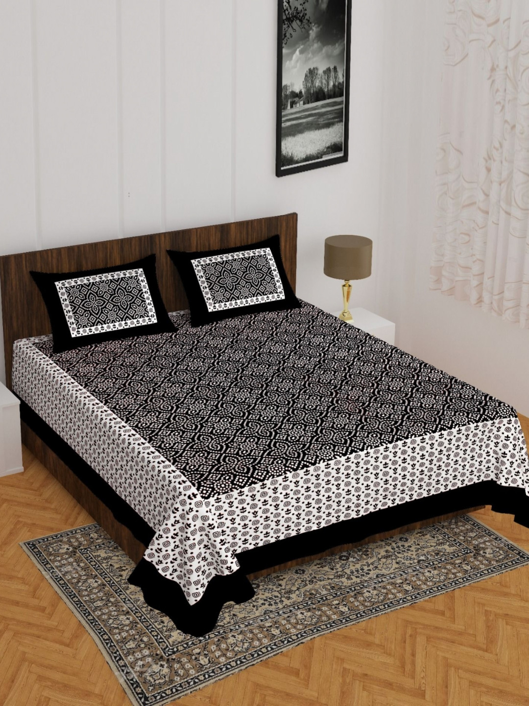 UNIBLISS Black & White Ethnic Motifs Cotton 144 TC Double Queen Bedsheet Set-2.15mx2.35m