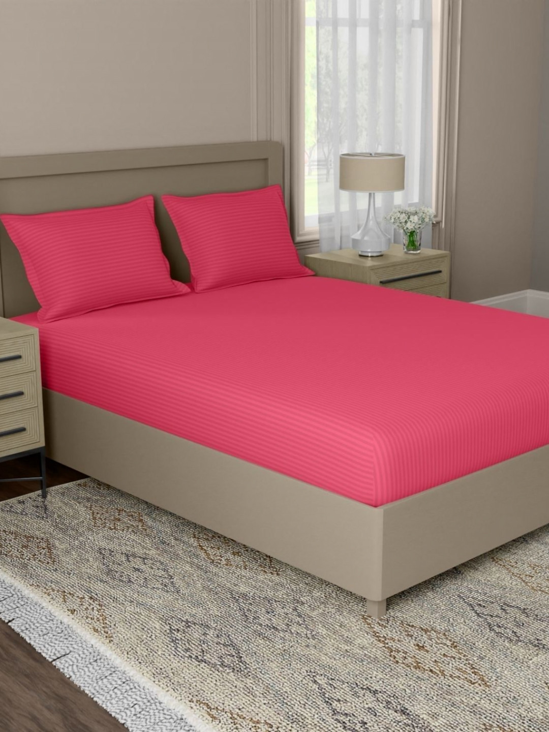 home expressions Pink Striped 210 TC Satin Super King Bedsheet Set 2.74 x 2.74 m