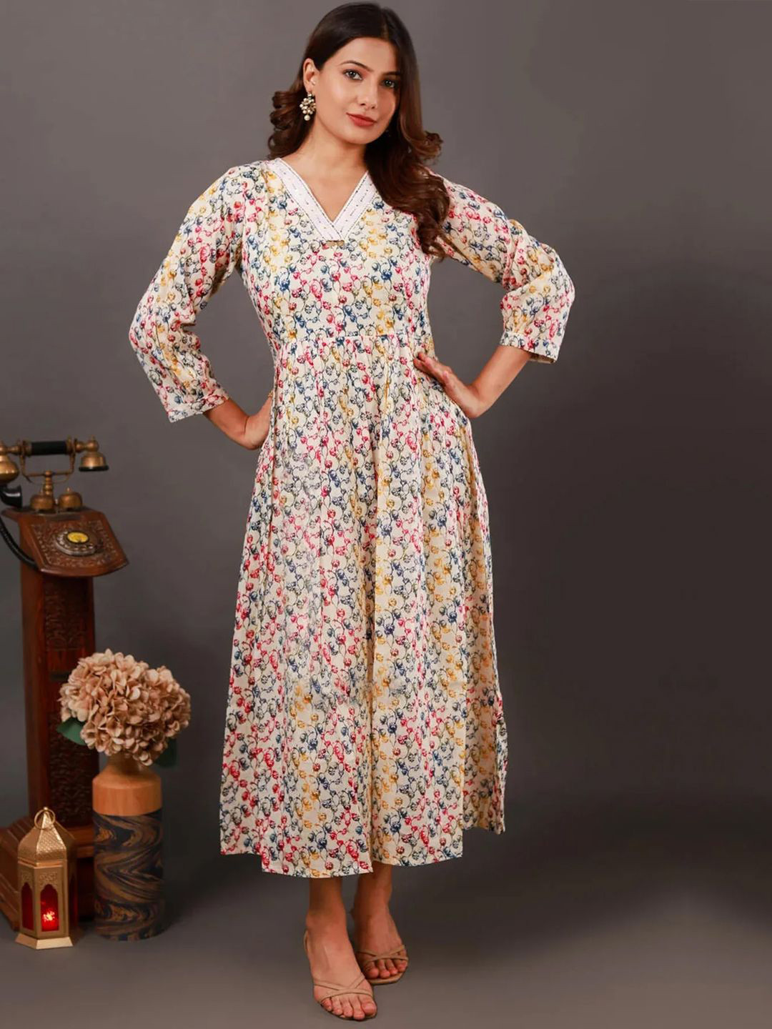 NEED APPARELS Women V-Neck Floral Fit and Flare Midi Dress