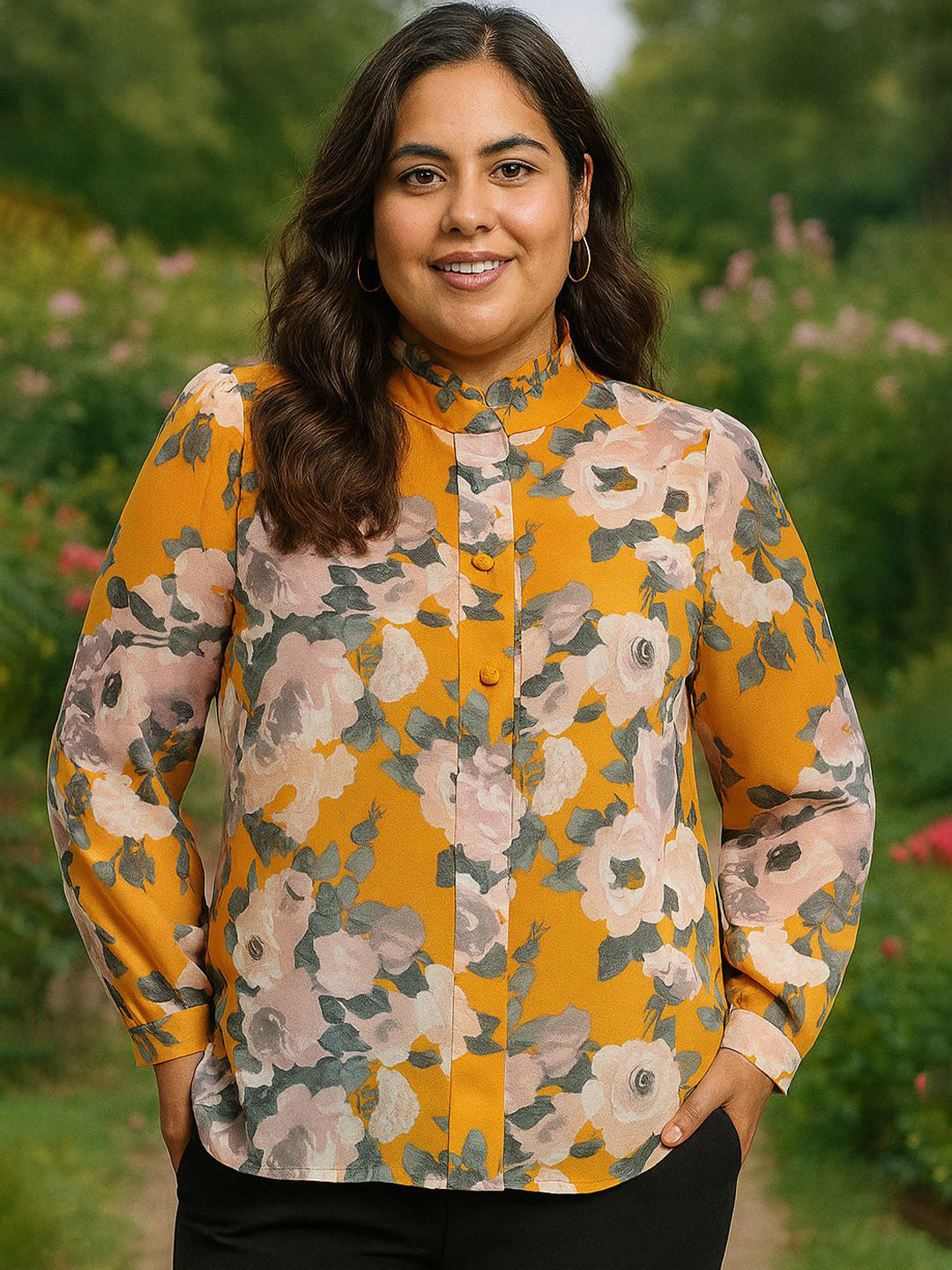 La Zoire Women Plus Size Floral Print Mandarin Collar Cuffed Sleeves Top