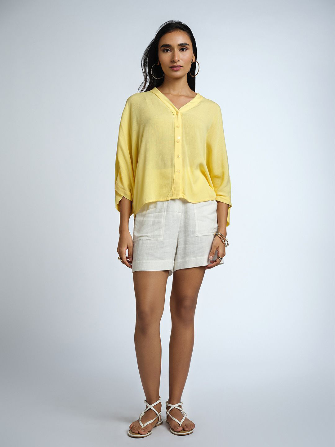 AND Women V-Neck Three-Quarter Sleeves Button Clouser Top