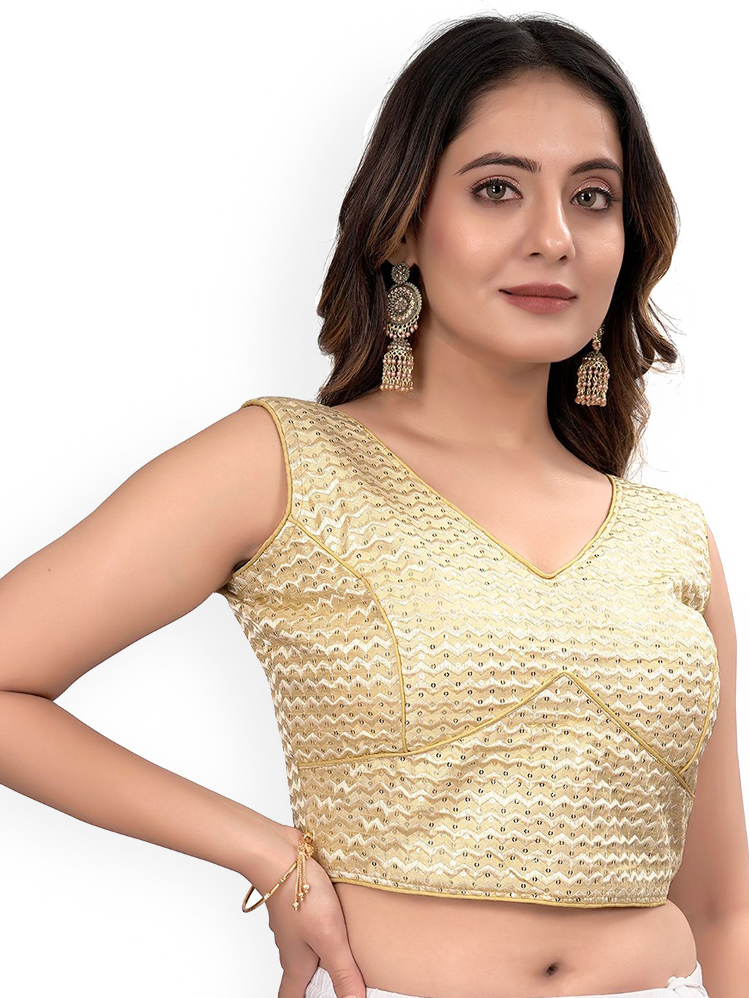 HERE&NOW Embroidered Silk Sequin V Neck Saree Blouse