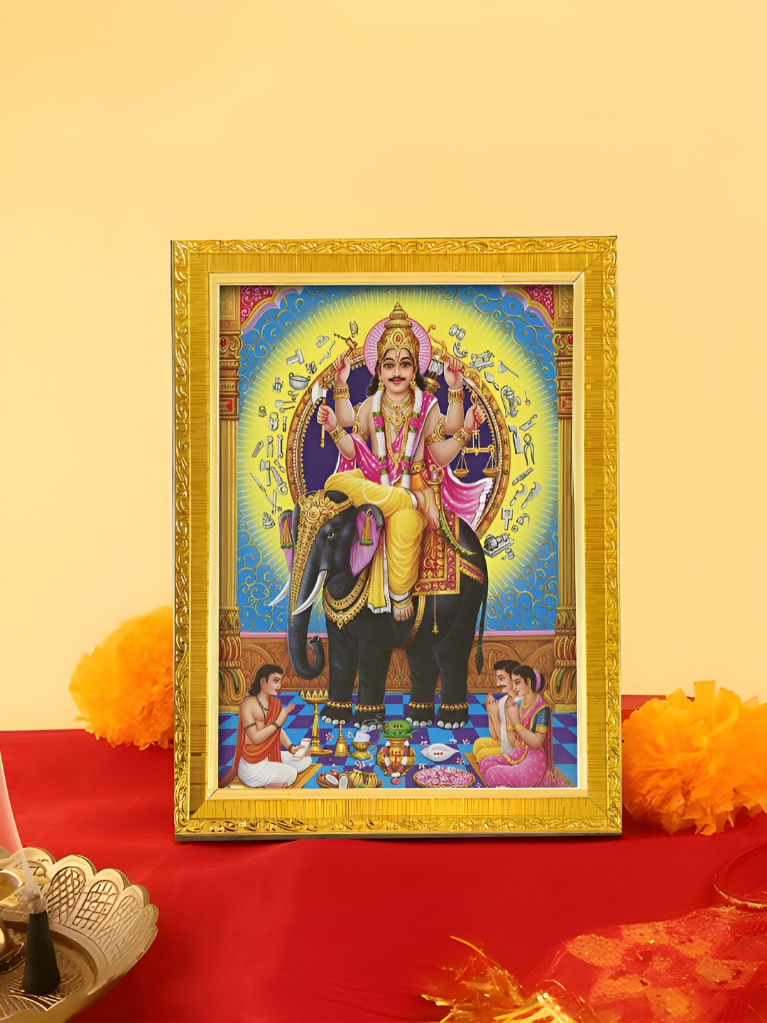 Art Street Gold Tone & Yellow Lord Vishvakarma Printed Photo Frame