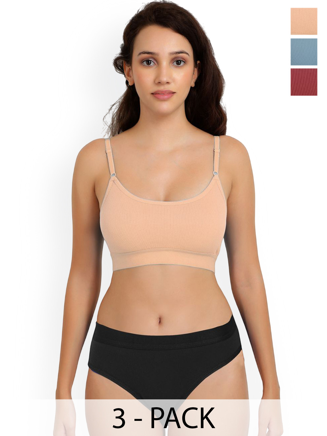 Samvar Pack Of 3 Ribbed Cotton Non-Wired Non Padded Lingerie Set Goma Set_M,B,Br