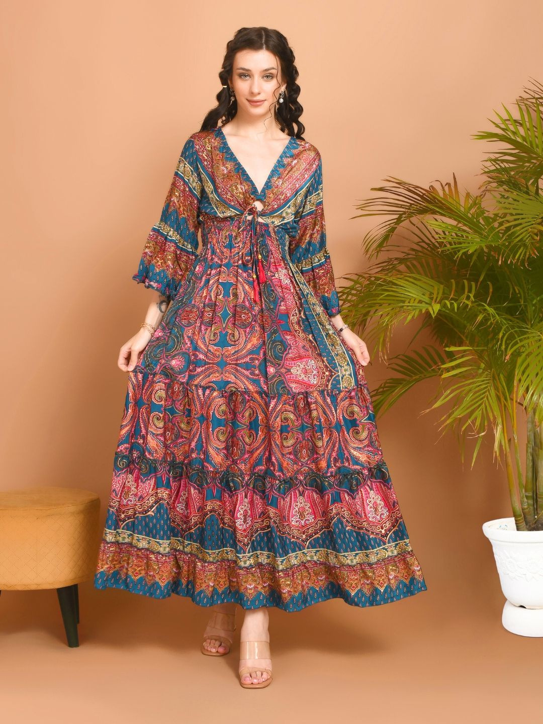 Boholyfe Mireya Women Bohemian Printed Cut-Outs Tiered Maxi Dress