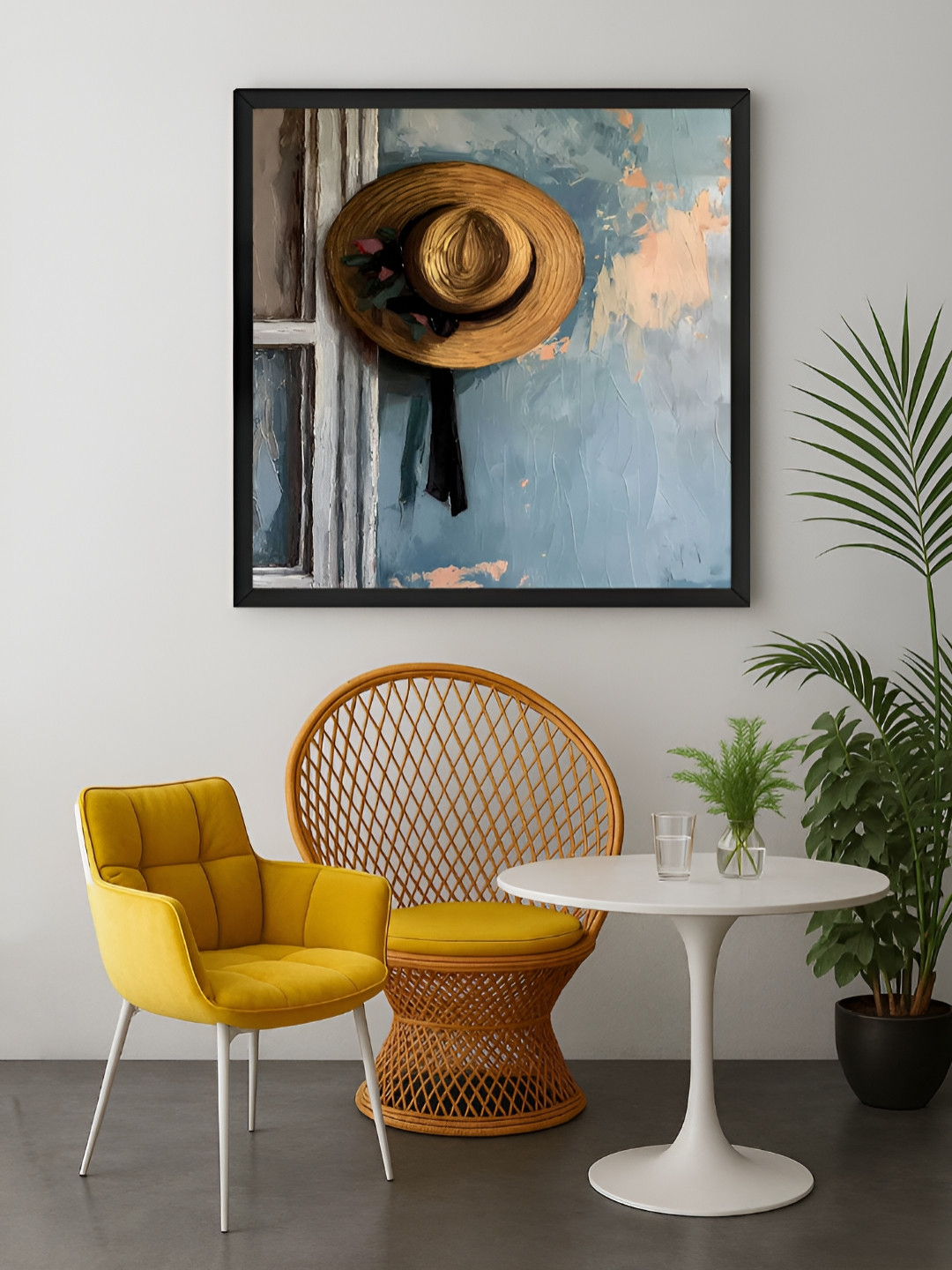 999Store Blue & Brown Straw Hat Printed Canvas Wall Art