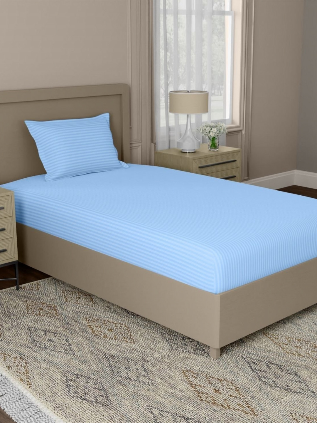 home expressions Blue Striped 210 TC Satin Single Bedsheet Set 1.5 m X 2.29 m