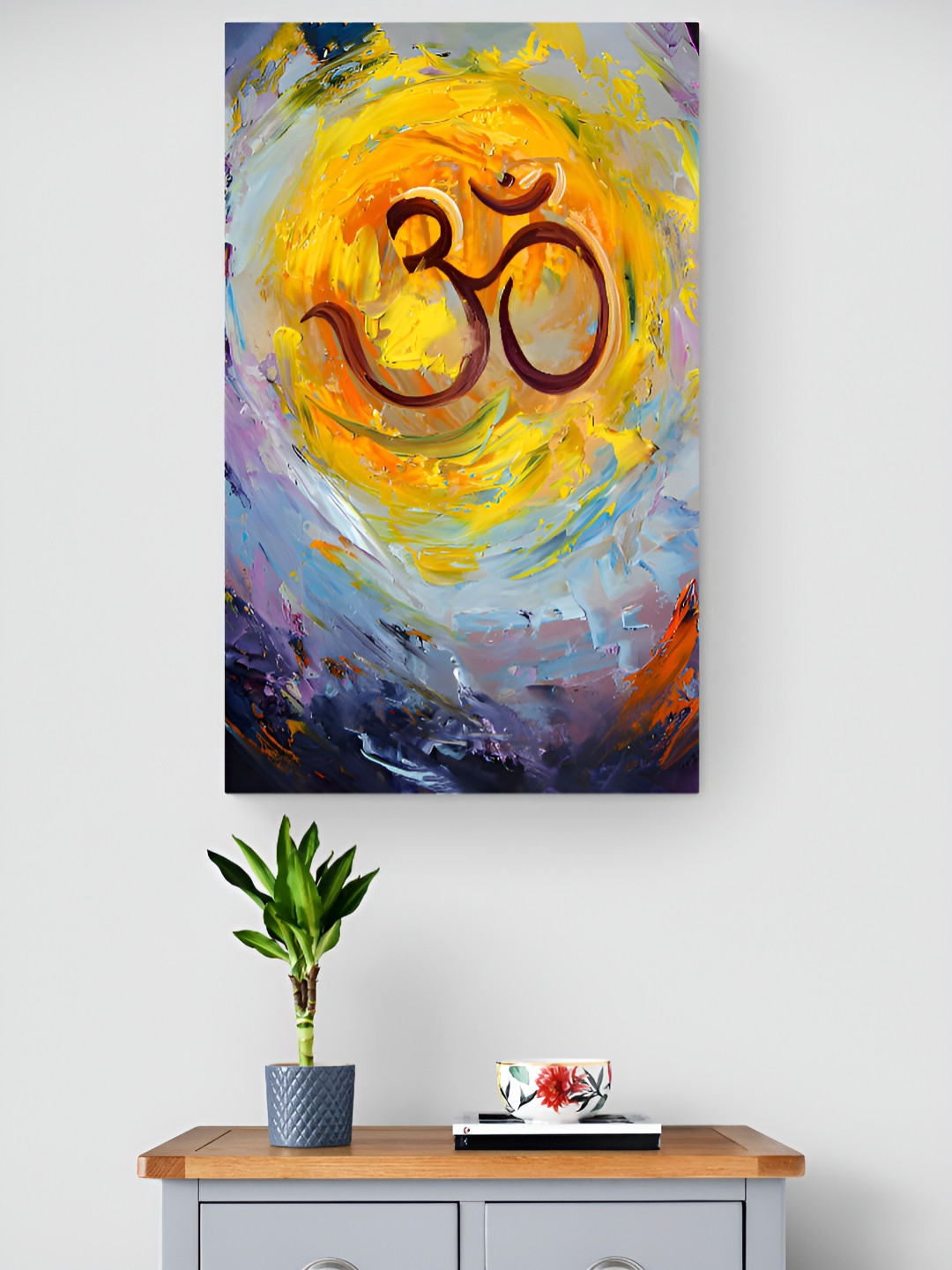 Tushaco Handicrafts Yellow & Navy Blue Om Spritual Symbol Canvas Wall Art