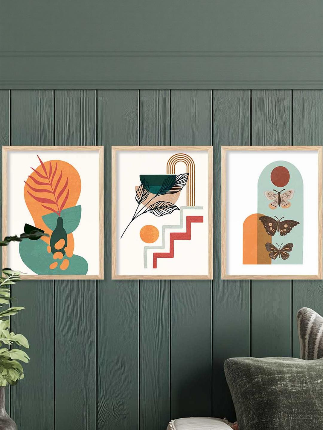 WALLLANE Brown Wood 3Pc Abstract Wall Paintings