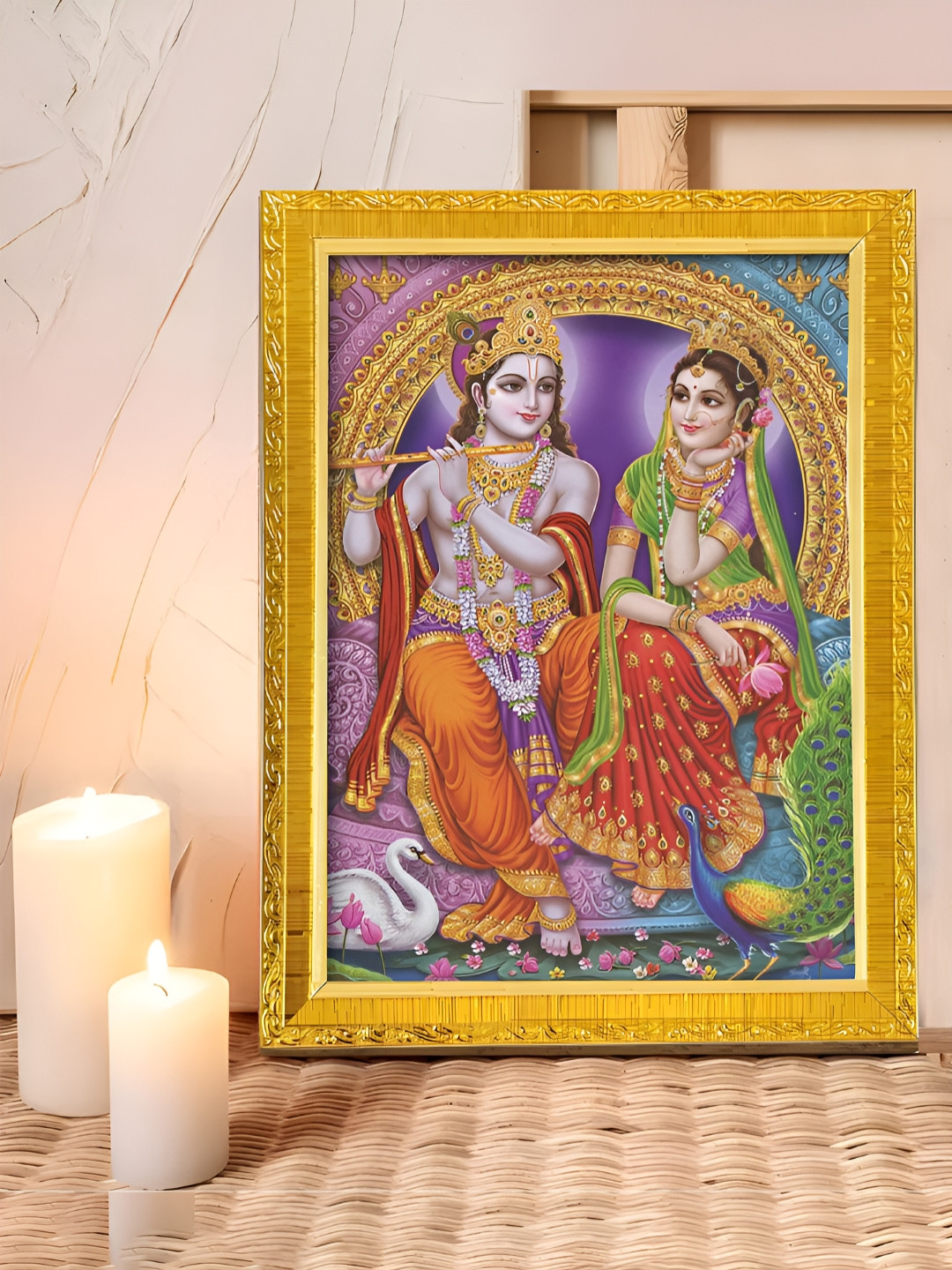 Art Street Gold Toned & Purple Sri Radha & Krishna Printed Photo Frame