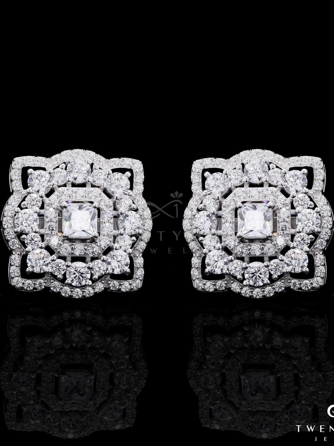 Premium American Diamond Ella Studs with Princess Cut Solitaire and Screw Backs on Pure 925 Silver