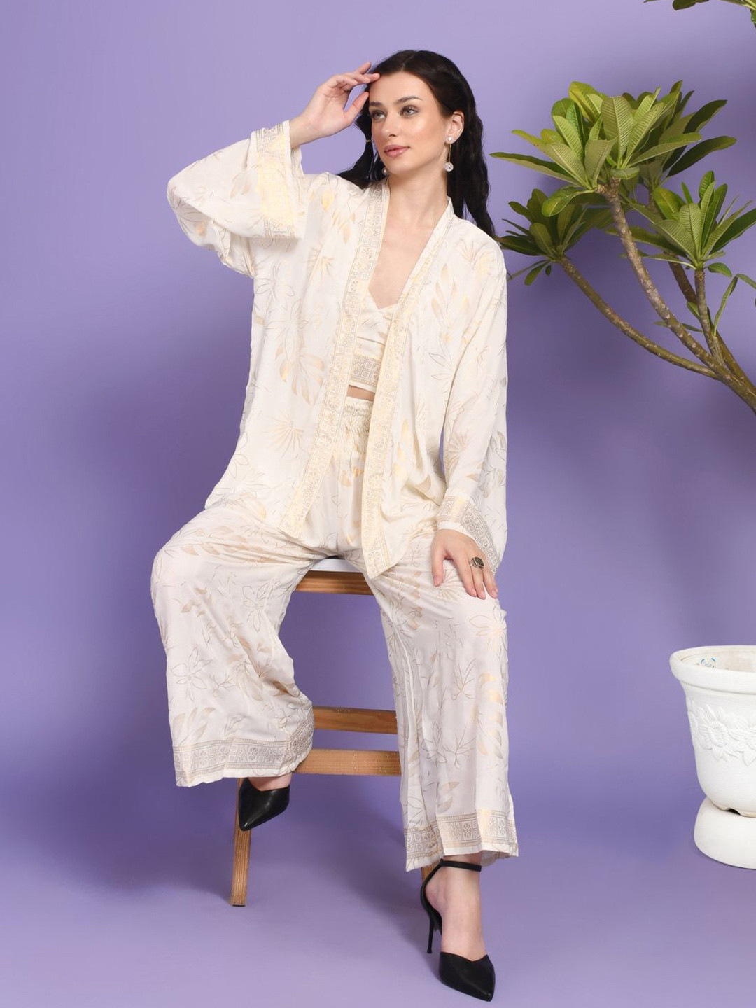 Boholyfe Sana Whisper Printed Top & Palazzo With Shrug Co-Ords